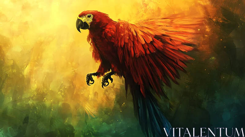 Vibrant digital painting of scarlet macaw in flight, abstract style.