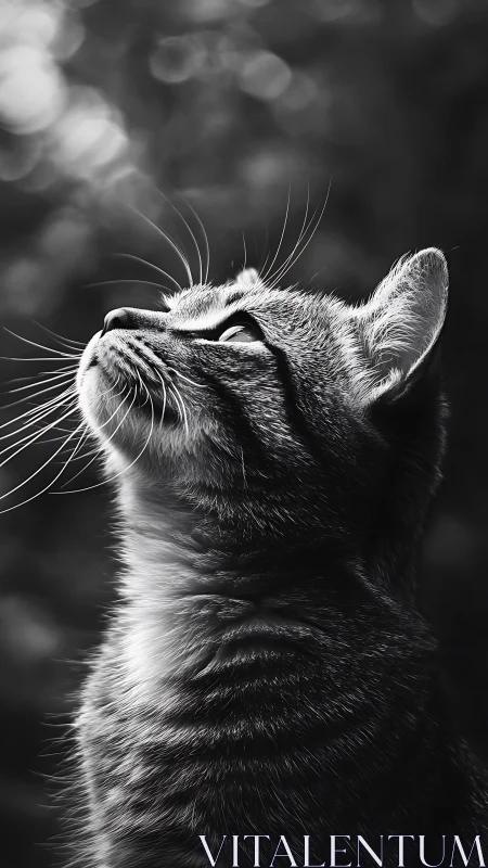 Cat Gazing Skyward: Monochrome Feline Portrait Study.