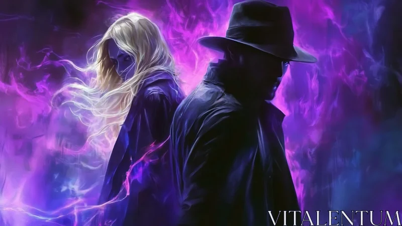 Mystic duo stand in neon violet stormlit magical energy