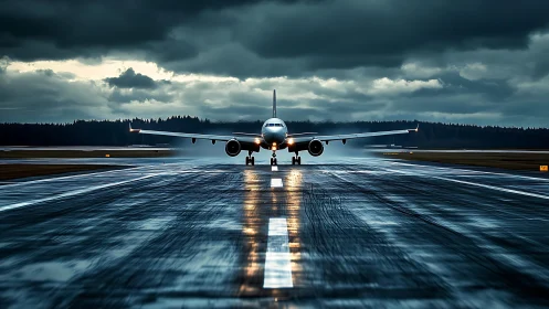 Photorealistic airliner taxiing on wet runway under storm clouds.