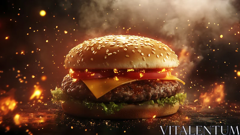 Cheeseburger with sesame bun rendered in dramatic fire effects