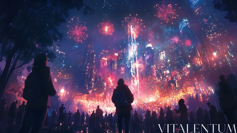 Firelit city skyline glows as a hopeful crowd gathers close