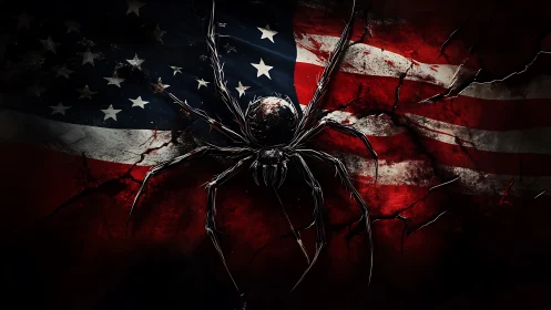 Metallic arachnid over fractured American flag texture.