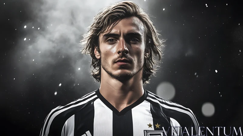 Stormlit striker in monochrome jersey claiming the night.