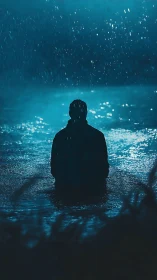 Quiet silhouette soaking in blue rainlit reflections.