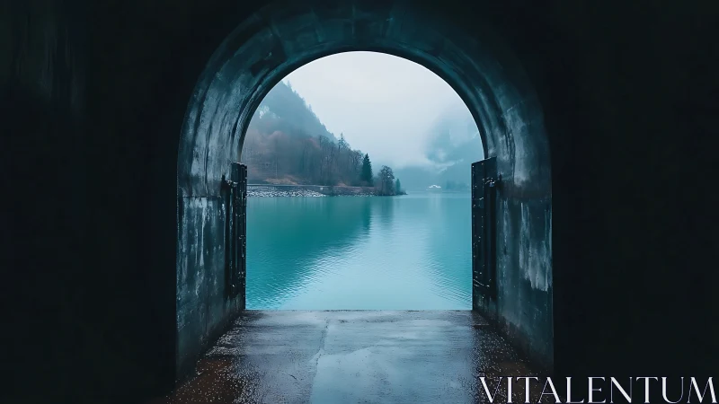 Tunnel opening onto calm turquoise lake and hills.