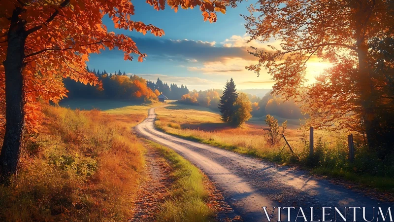 Sunlit country road winds through glowing autumn fields.
