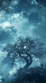 Starry night sky over lone silhouetted tree in blue tones.