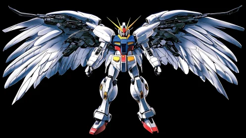 Winged humanoid mecha with articulated armor and dual rifles deployed