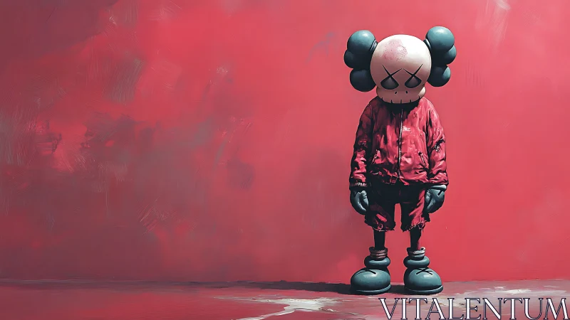 Melancholic cartoon figure in red streetwear on scarlet wall.