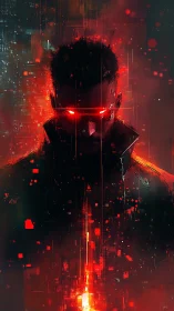 Cybernetic silhouette with glowing red visor in flame-lit void.