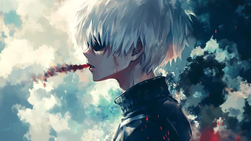 White haired antihero exhales crimson mist in cloudscape