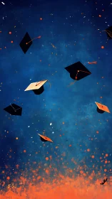 Graduation caps soar across vibrant blue and orange sky.