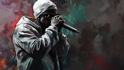 Digital portrait of hooded rapper performing with microphone.