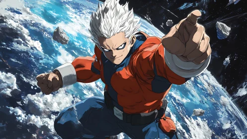 Cosmic sprint: silver‑haired hero racing above Earth.