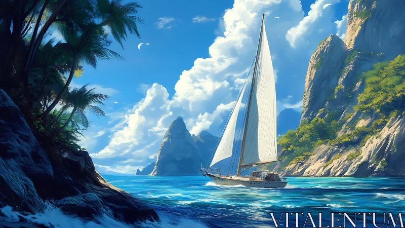 Oceanic sloop under trade winds near stratified coastal cliffs.