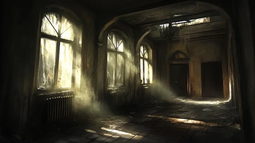 Dusty sunlight streams through windows of an abandoned hall.