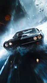 Muscle car storm charge amid cinematic rainstorm impact.