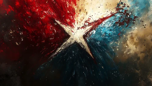 Abstract star with red, blue and neutral textured fields.