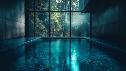 Tranquil indoor pool opening onto a peaceful forest view.