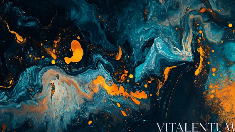 Turbulent teal and amber fluid dynamics on cosmic canvas.