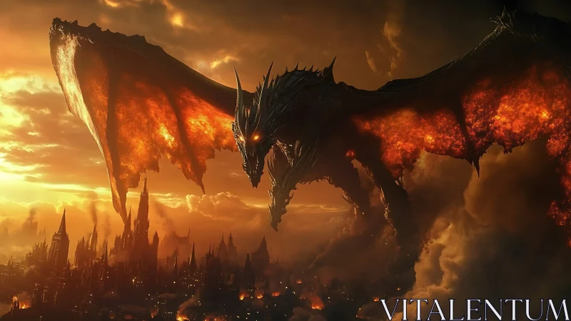 Volcanic-winged dragon dominates burning gothic city skyline at dusk