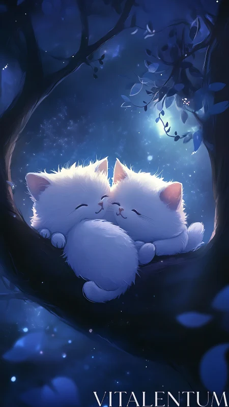 White cat seated in luminous forest setting with musical elements.