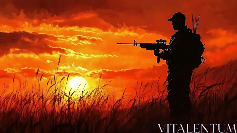 Silhouetted armed figure in tall grass at vivid sunset.