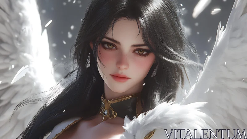 Soft-winged guardian angel with luminous golden gaze.