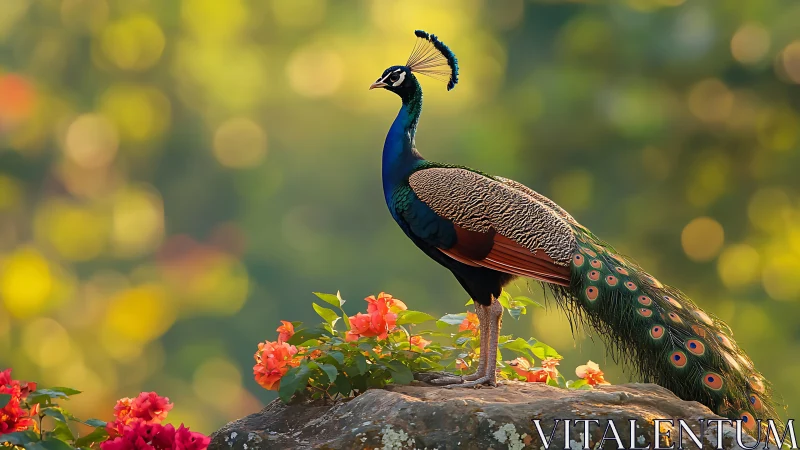 Majestic peacock standing on rock with vibrant flowers, nature style.