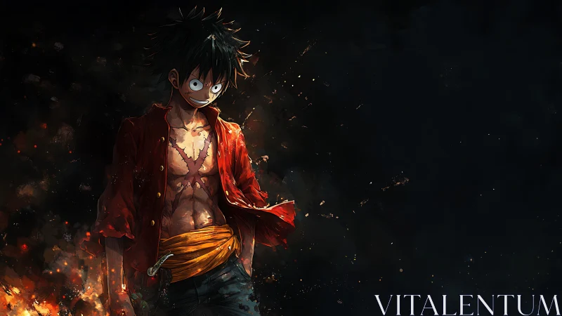 Straw-hatted warrior strides through burning embers, defiant