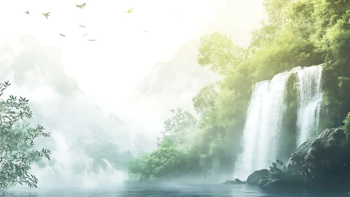 Mist-draped cliffs hush the forest while waterfalls whisper light