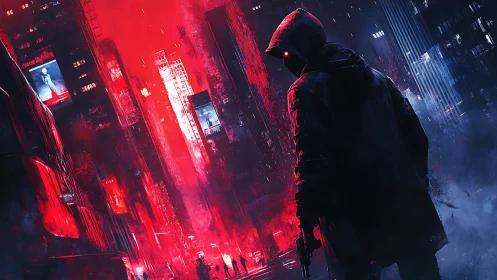 Hooded vigilante surveys neon red cyberpunk city streets.