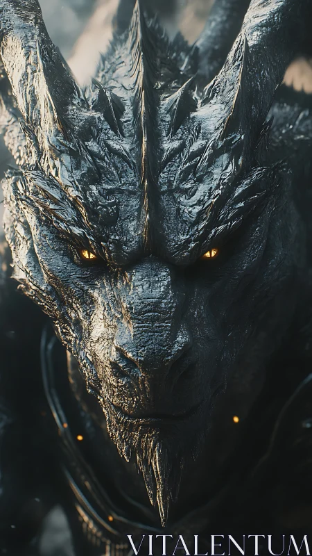 Molten-eyed obsidian dragon studies the quiet before ruin