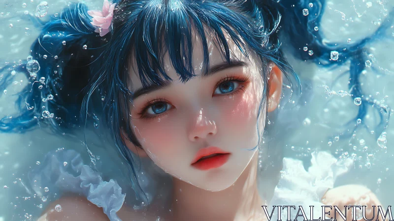 Blue haired girl floating in luminous water with bubbles