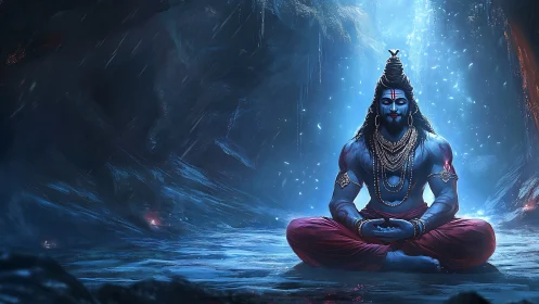 Divine blue yogi in icy cavern with luminous volumetric light.