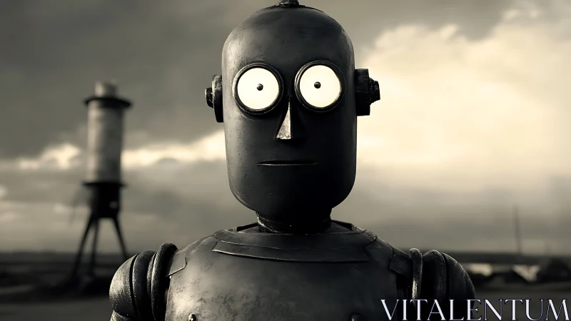 Monochrome wide-eyed robot portrait in desolate rural field