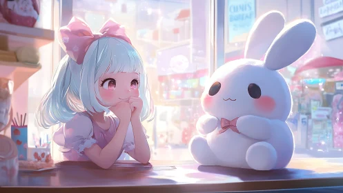Young girl sits at counter facing large plush rabbit toy