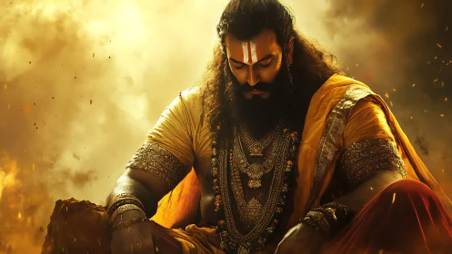 Warrior sage in saffron robes amid swirling golden embers