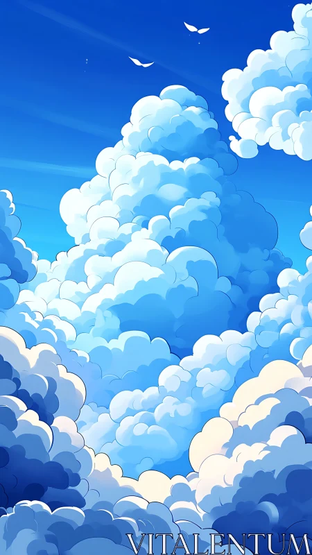 Billowing cartoon clouds drift gently through a vivid sky