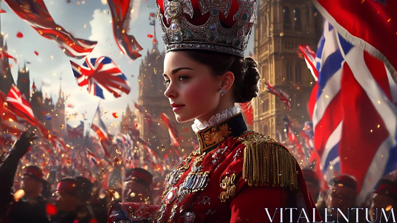 Young royal officer in jeweled coronation regalia amid parade