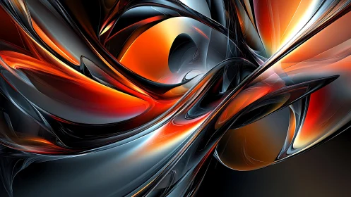 Dynamic Abstract Digital Art with Metallic and Fiery Tones.