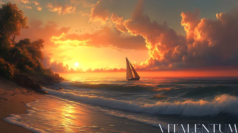 Sunlit sailboat drifts through molten sunset waves and clouds.