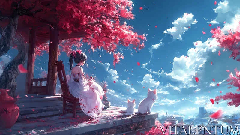 Anime girl and white cats overlook city beneath crimson blossoms