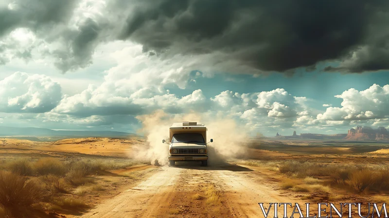Storm-lit RV crossing dusty desert track under dramatic sky