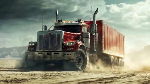 Dust-storm red semi thunders across a wild desert roadway.