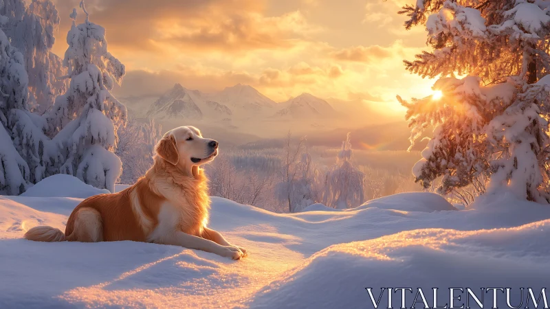 Golden dog soaking in a peaceful snowy mountain sunset.