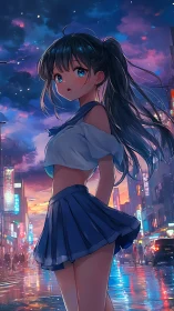 Anime cityscape study with dynamic lighting and wet-street reflections