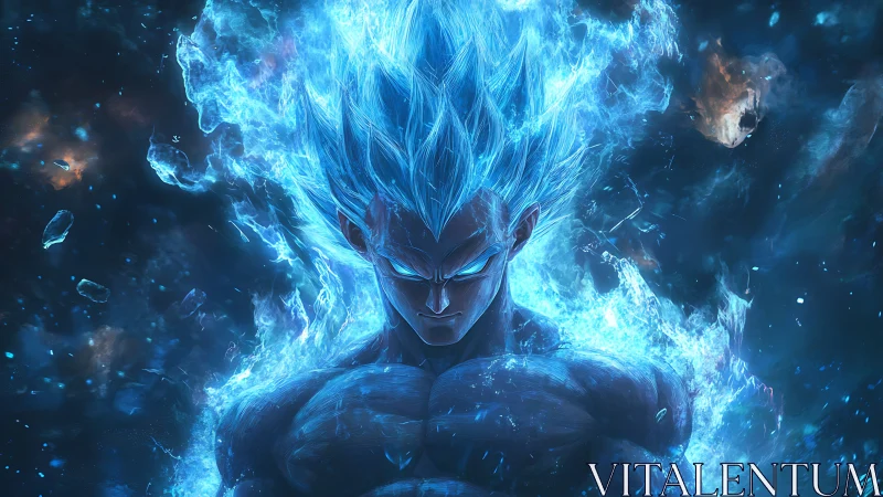 Blue energy warrior ignites cosmic flames in fierce focus.