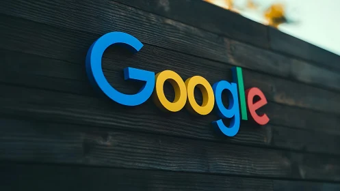 Google logotype on dark horizontal wooden panel background.